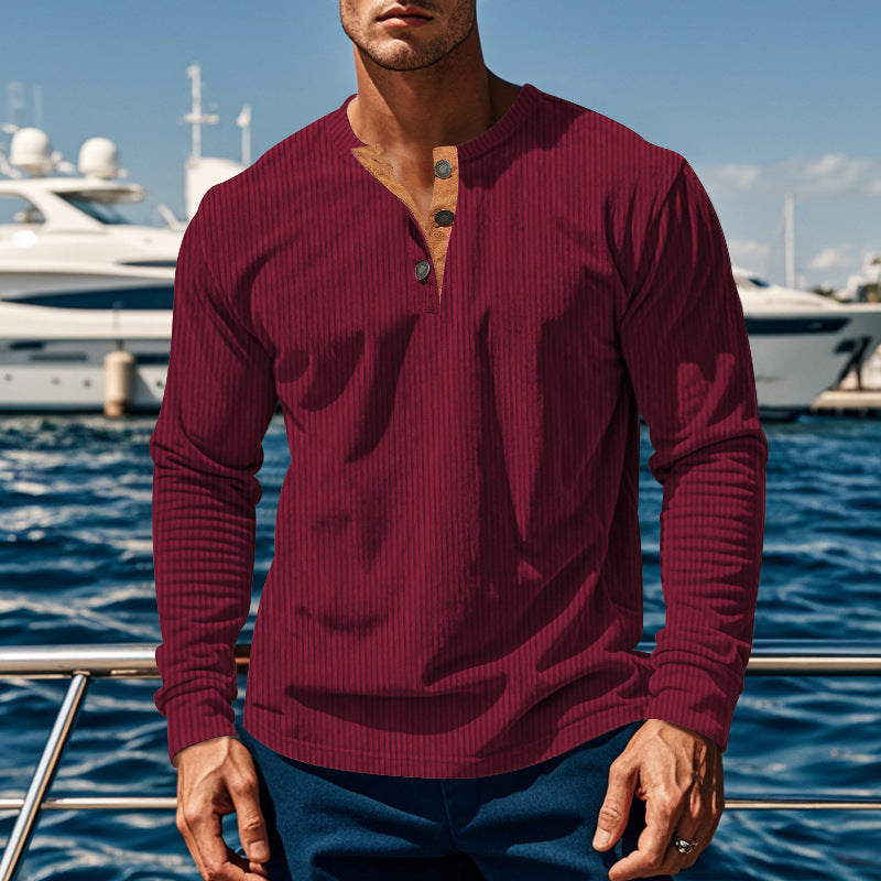 Corduroy Shirt for Men – Slim-Fit Pullover, Four-Button Long Sleeve