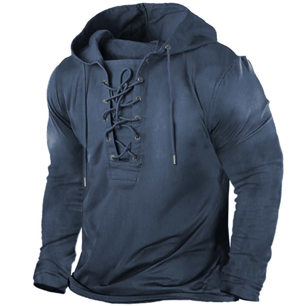 Men's Lace-Up Hooded T-Shirt – Soft Stretch Long Sleeve Top
