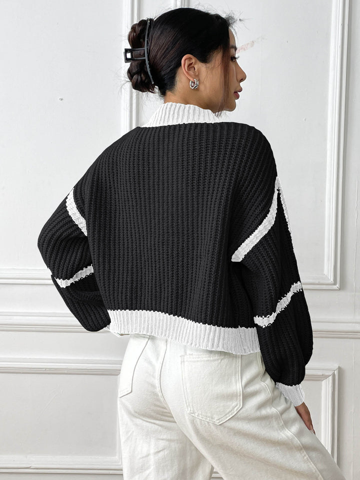 Women's Patchwork Sweater – Color Contrast Lantern Sleeve Pullover