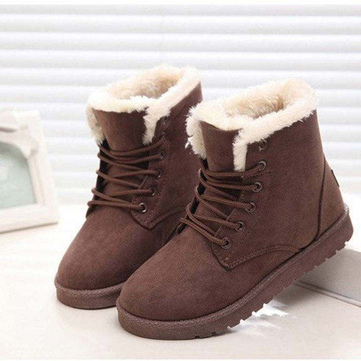 Women's Snow Boot – Textured Cotton Upper, Flat Heel, Lace-Up Bow