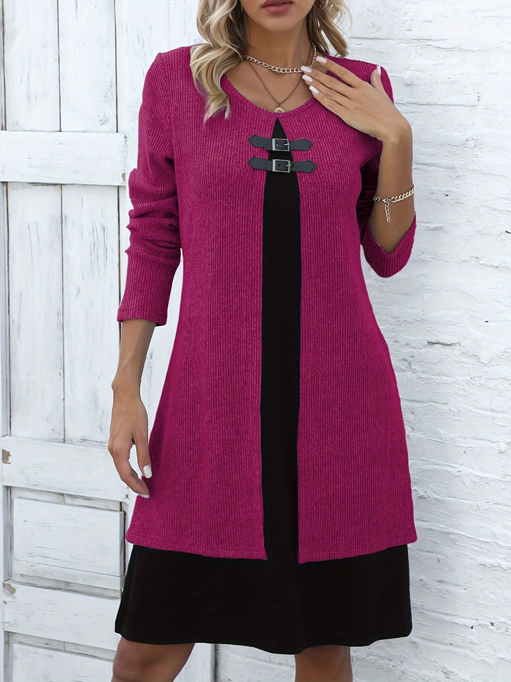 Women's Sweater Mini Dress – Contrast Layered Buckle Detail