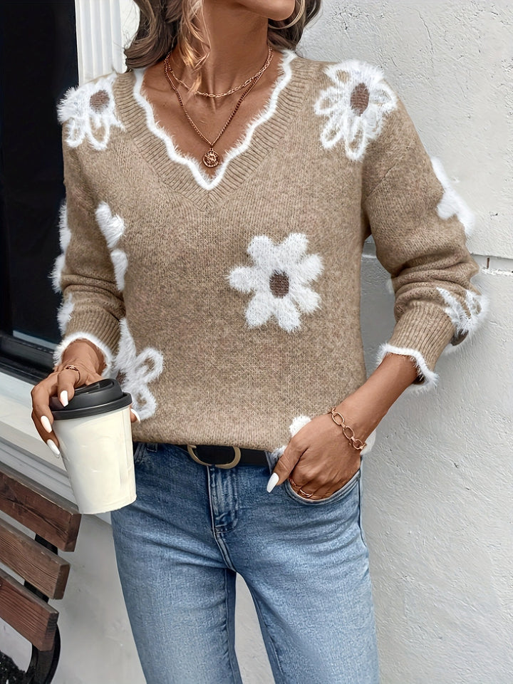 Women's Jacquard Knit Sweater – Floral Lightweight Pullover