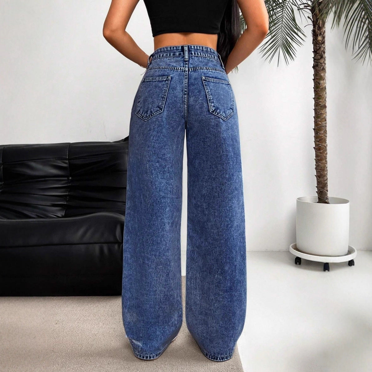 Women's High Waist Straight Leg Jeans – Distressed Wide Leg Fit