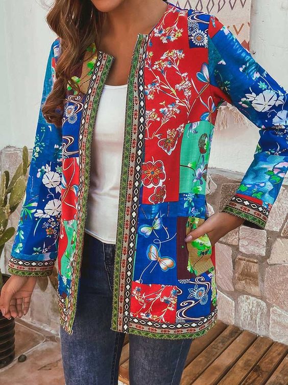 Women's Printed Cotton Coat – Relaxed Long Sleeve Ethnic Style