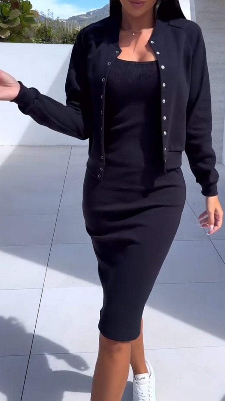 Two Piece Skirt and Jacket Set for Women – Soft-Touch, Button Detail