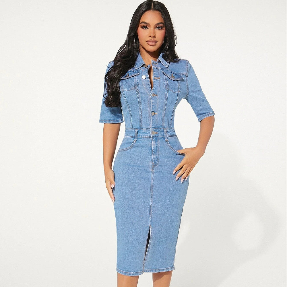 Denim Bodycon Dress in Cotton – Tailored One-Step Women's Fit