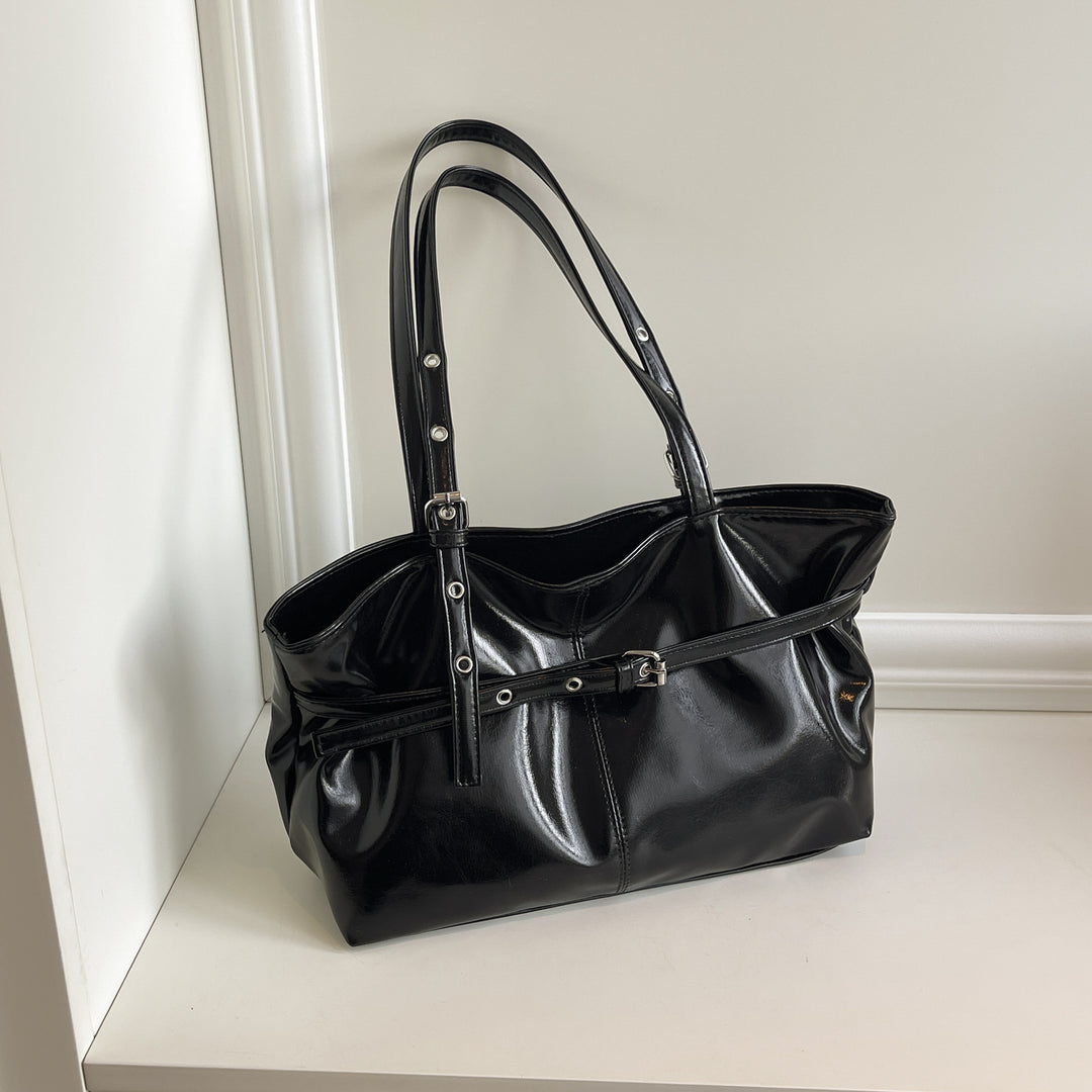 Women's Structured Leather Handbag with Buckle and Double Straps