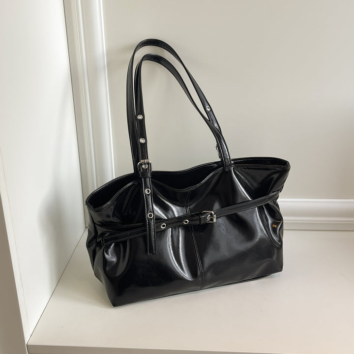 Women's Structured Leather Handbag with Buckle and Double Straps