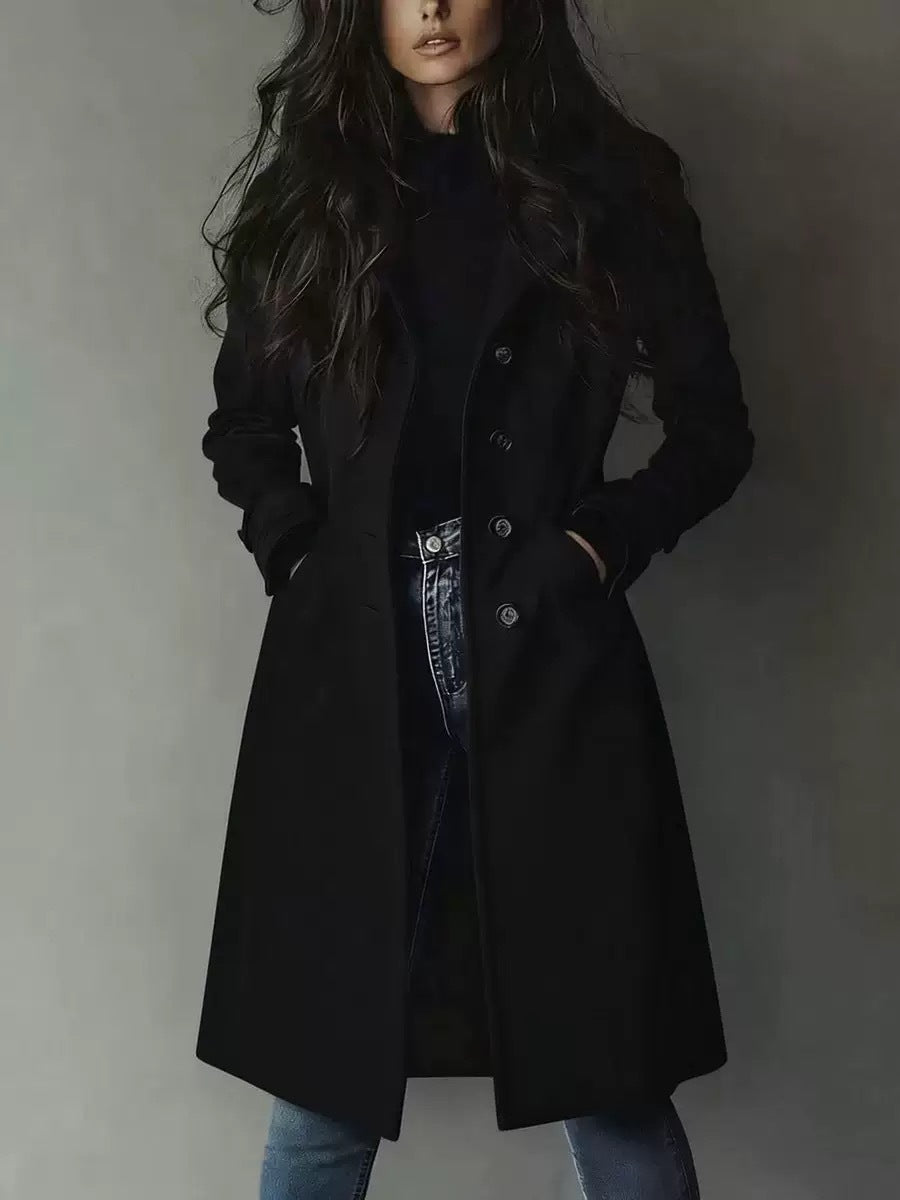 Women's Long Trench Coat – Soft Brushed Cotton, Tailored with Pockets