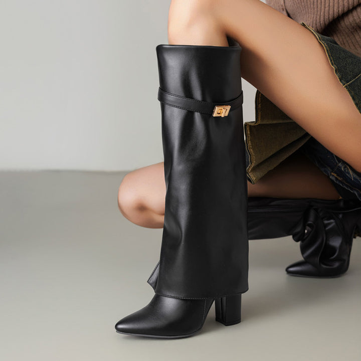 Women's Vegan Leather High Shaft Boot – Pointed Toe, Metal Buckle