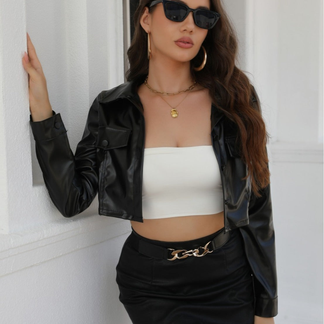 Women's Vegan Leather Cropped Jacket – Lapel Breasted Navel Cut