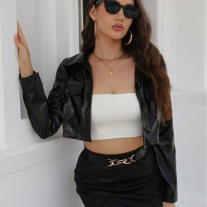 Women's Vegan Leather Cropped Jacket – Lapel Breasted Navel Cut