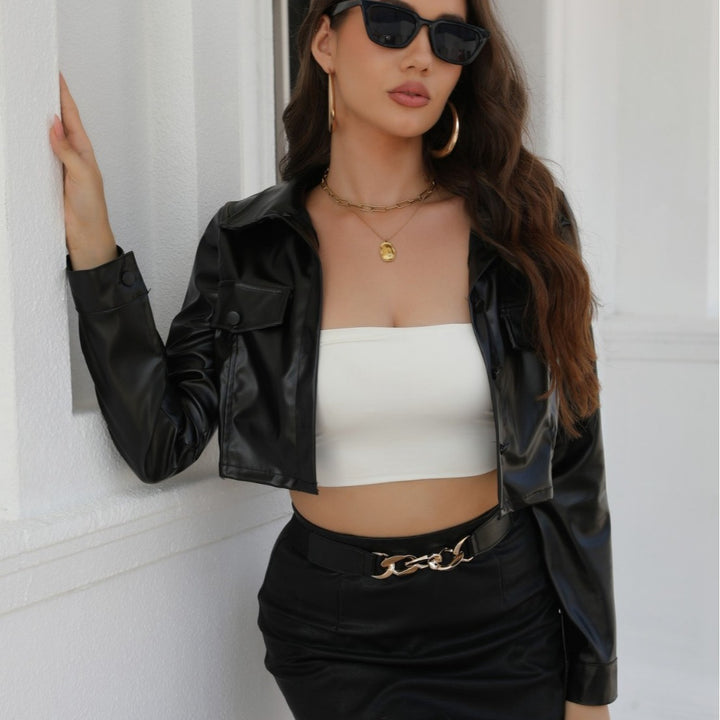 Women's Vegan Leather Cropped Jacket – Lapel Breasted Navel Cut