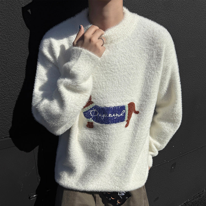 Men's Knit Sweater with Dachshund Embroidery – Pullover Raglan Sleeve