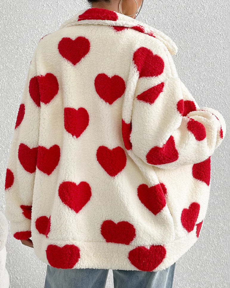 Plush Heart Print Women's Coat – Soft High-Pile Relaxed Fit Outerwear