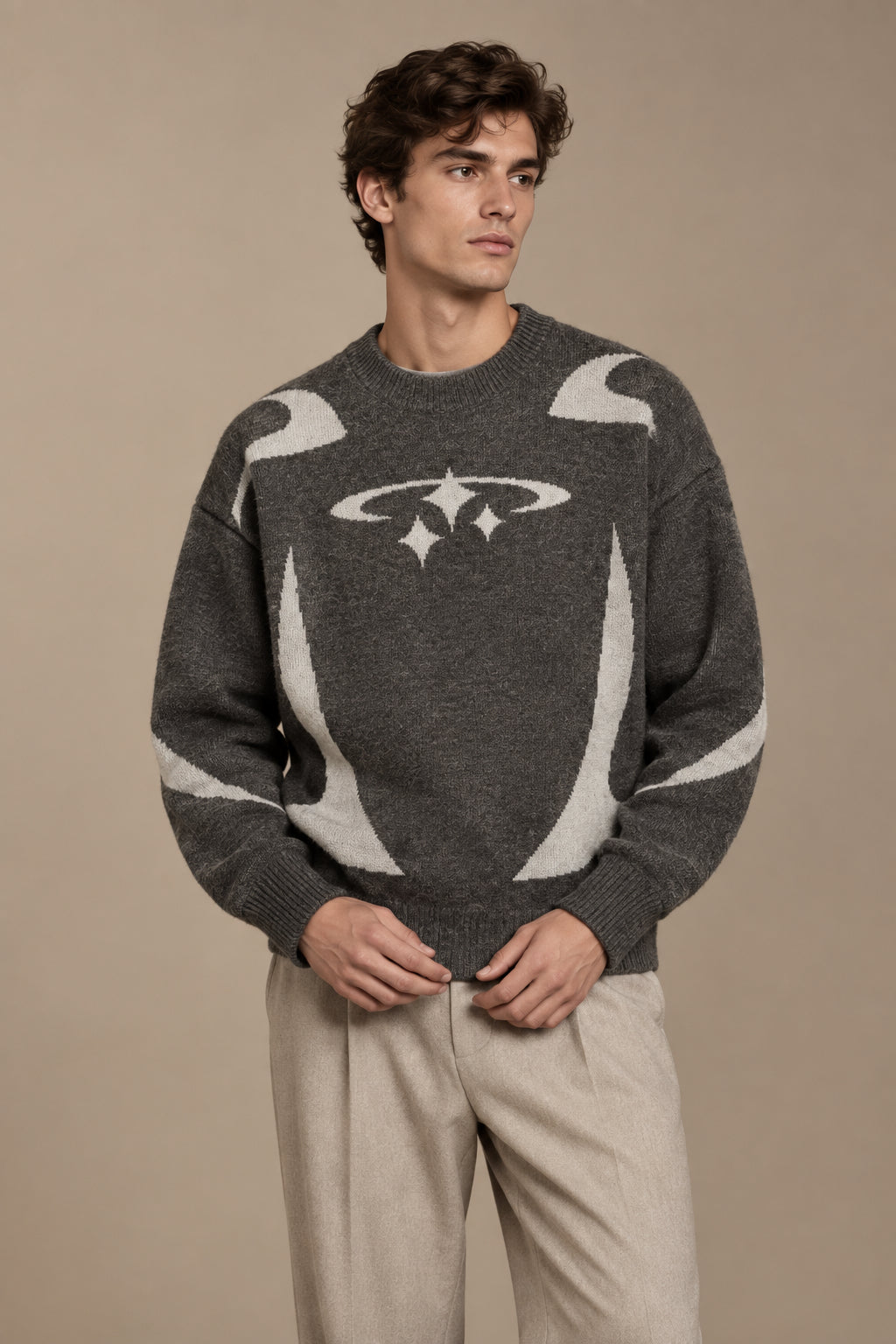 Men's Abstract Jacquard Knit Sweater – Loose Medium-Length Pullover