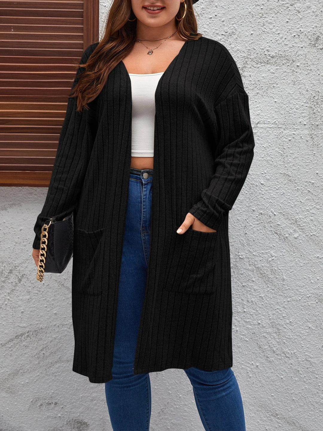 Women's Jacket – Ribbed Knit, Mid-Length, Relaxed Fit, Pockets