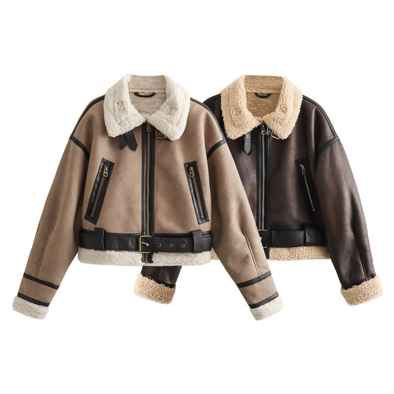 Women's Vegan Leather Coat with Lambswool Trim – Relaxed Zip Jacket