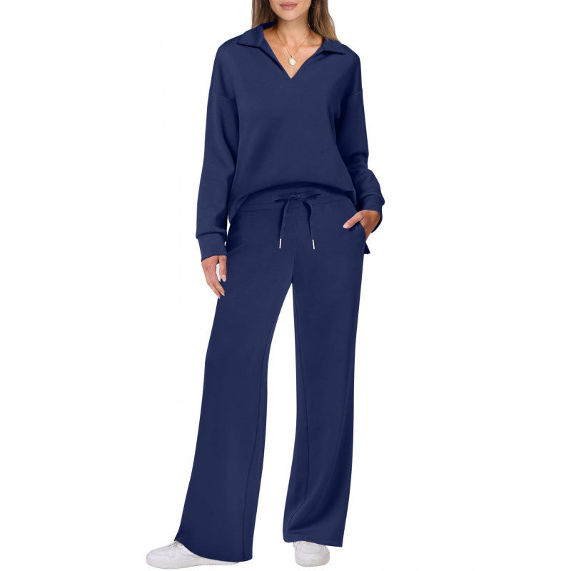 Women's Two Piece Lounge Set – Knit V-Neck Pullover & Straight-Leg Trousers