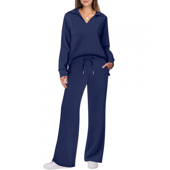 Women's Two Piece Lounge Set – Knit V-Neck Pullover & Straight-Leg Trousers