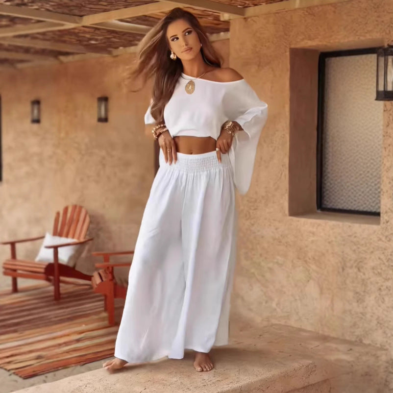 Women's Two Piece Set – Loose Off-Shoulder Round Neck Summer Suit
