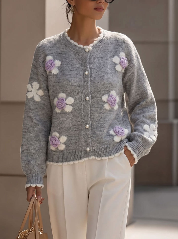 Women's Knit Cardigan – 3D Floral Appliqué and Scalloped Detailing