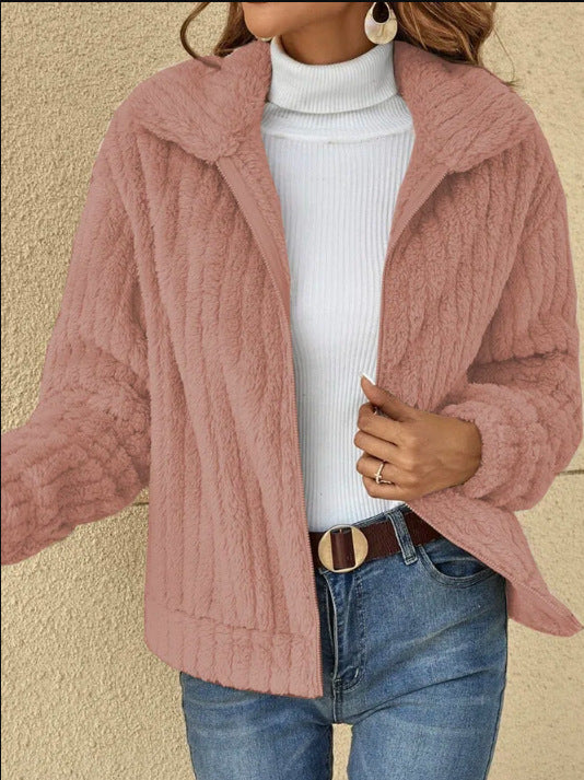 Women's Fleece Cropped Jacket – Lapel Collar Classic Silhouette