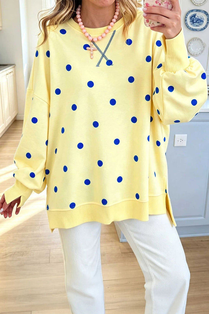 Women's Polka Dot Pullover Sweatshirt – Relaxed Fit, Ribbon Tie Detail