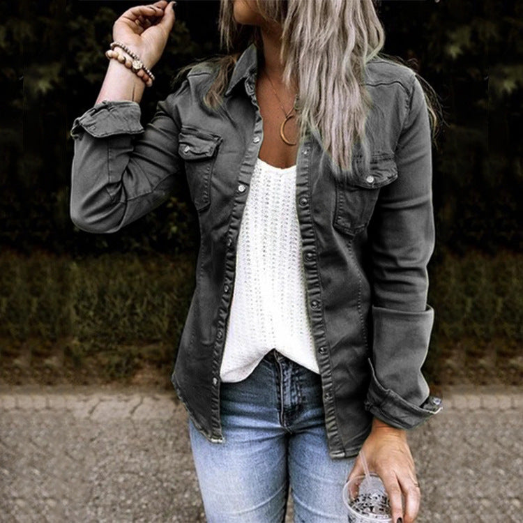 Women's Denim Shirt Jacket – Mid-Length Slim Fit with Ripped Detail