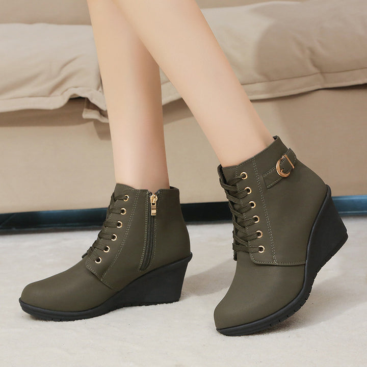 Women's Wedge Heel Ankle Boot with Buckle & Side Zip – Suede Look