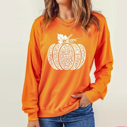 Women's Crew Neck Off-the-Shoulder Sweatshirt – Pumpkin Pattern Detail