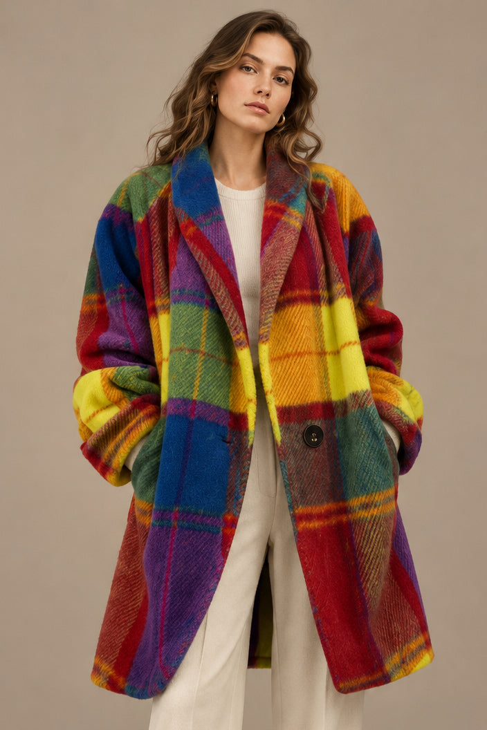 Plaid Lapel Wool-Blend Women's Jacket – Relaxed Fit, Button Front, Pockets
