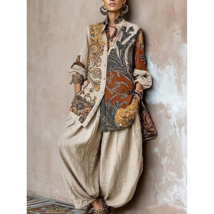 Women's Two Piece Set – Printed Shirt and Full-Length Trouser