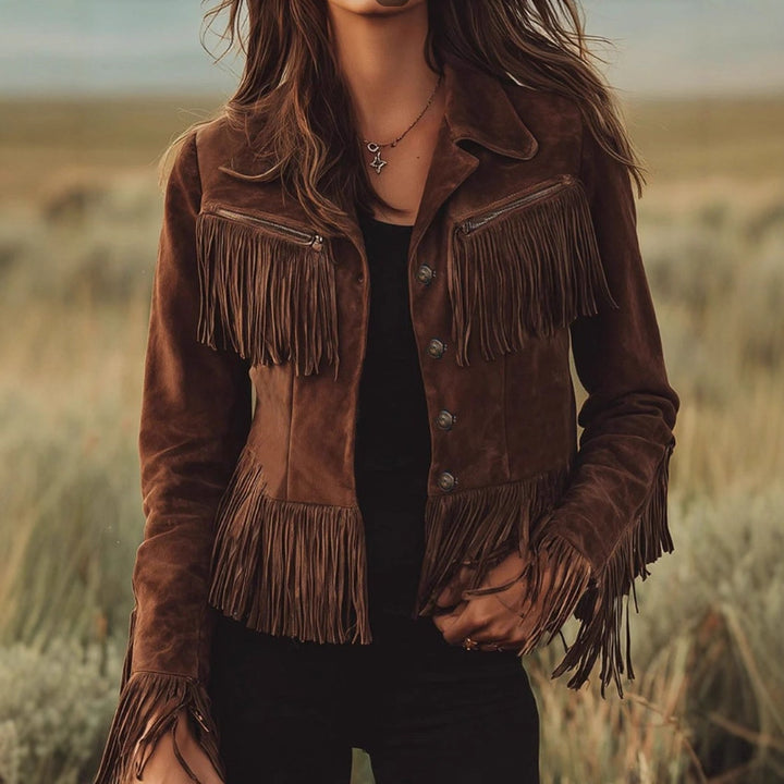 Women's Suede Tassel Cropped Jacket – Notched Lapel, Slim Fit
