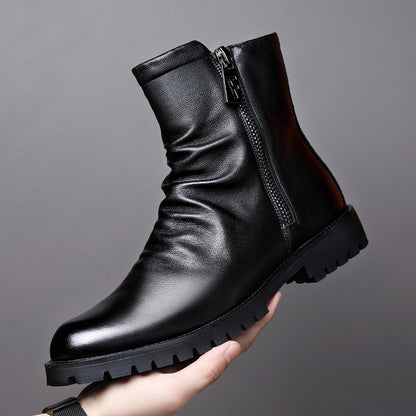 Men's Leather Boot – Low Heel Zipper High-Top Style