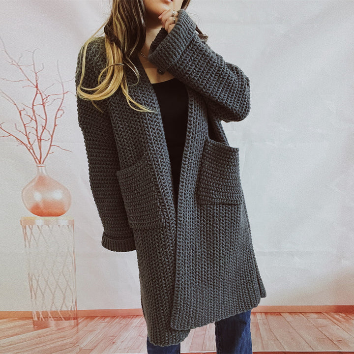 Women's Chunky Knit Cardigan – Loose Fit, Wrap Front, Practical Pockets