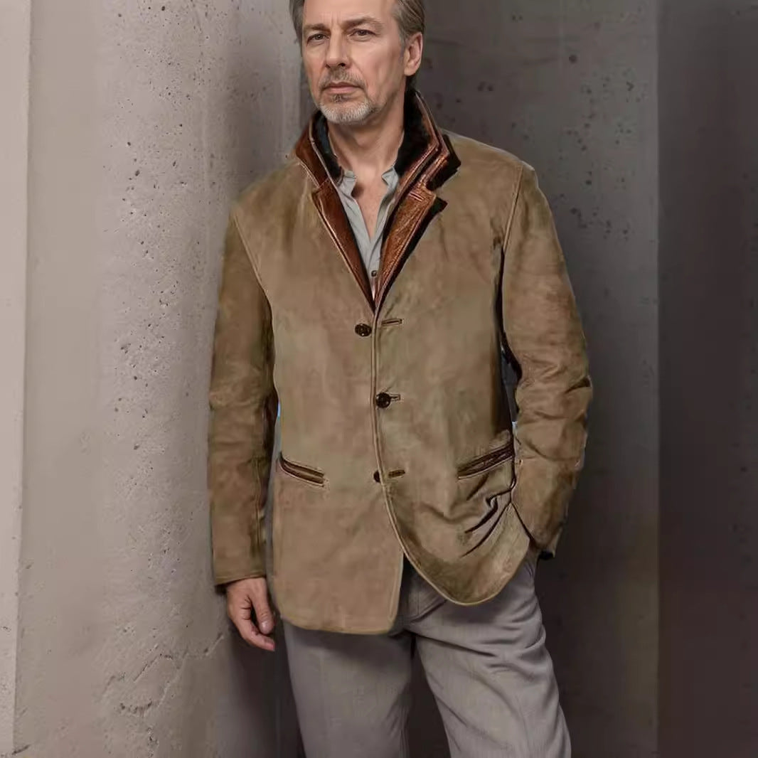 Men's Patchwork Jacket – Retro Style with Contrast Collar & Patch Pockets