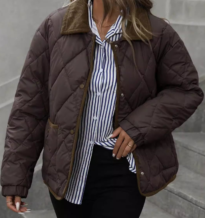 Women’s Cotton Coat – Warm Vintage Lapel Outerwear, Patchwork Design