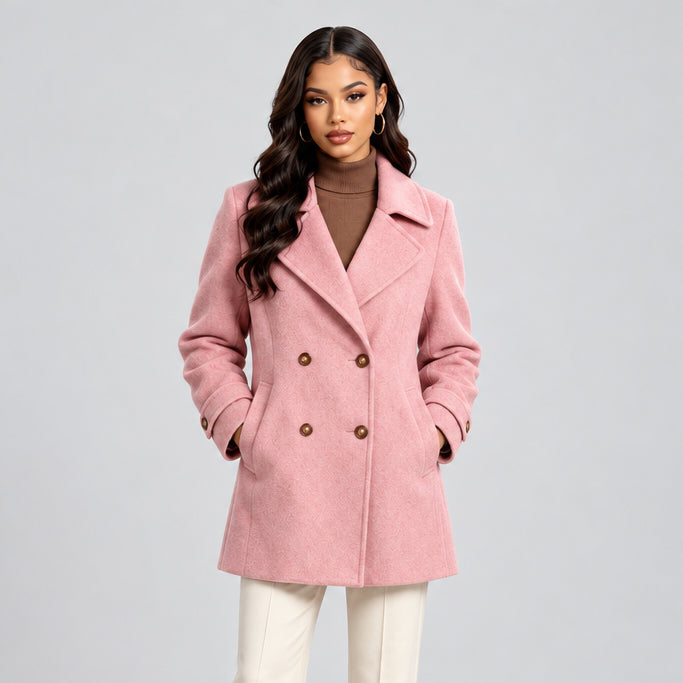 Tailored Women's Coat – Wool Blend, Mid-Length, Structured Lapel, Button Front