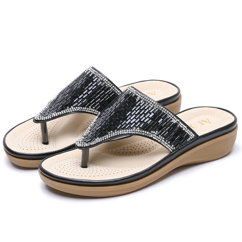 Women's Rhinestone Flat Sandals – Low Heel Bohemian Style