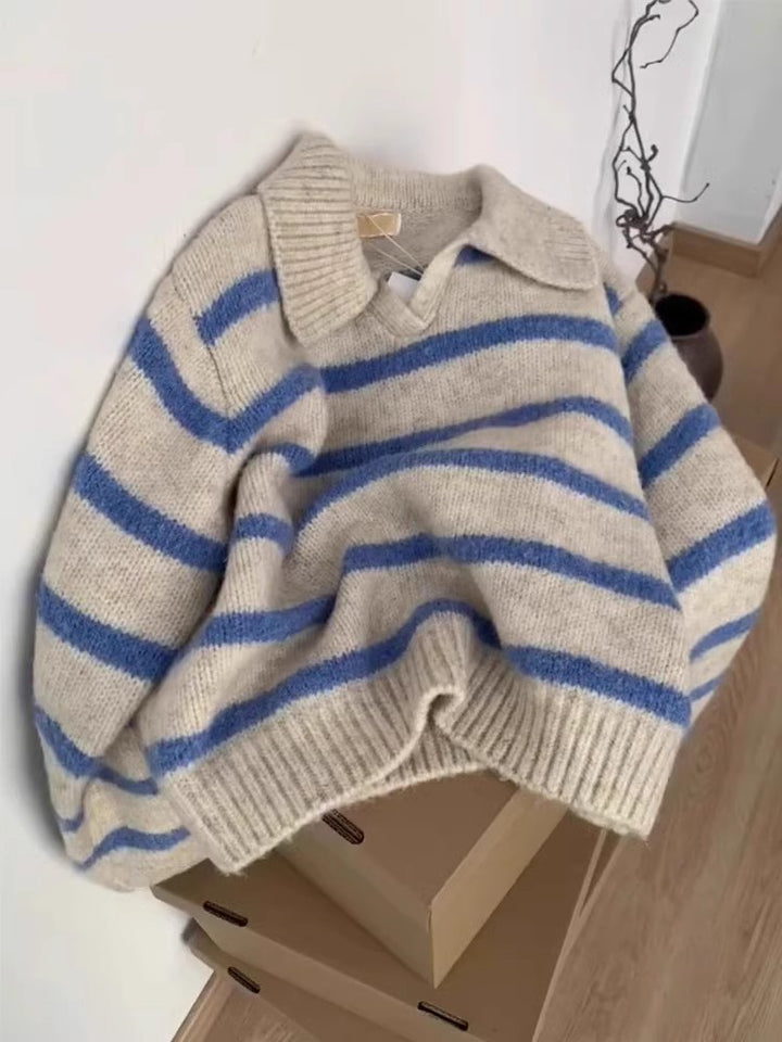 Women's Striped Sweater – Polo Collar Regular Fit Pullover Knit