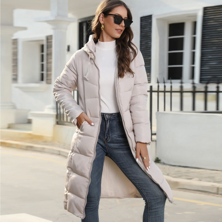 Women's Padded Mid-Length Slim Fit Coat – Hooded with Pocket Detail