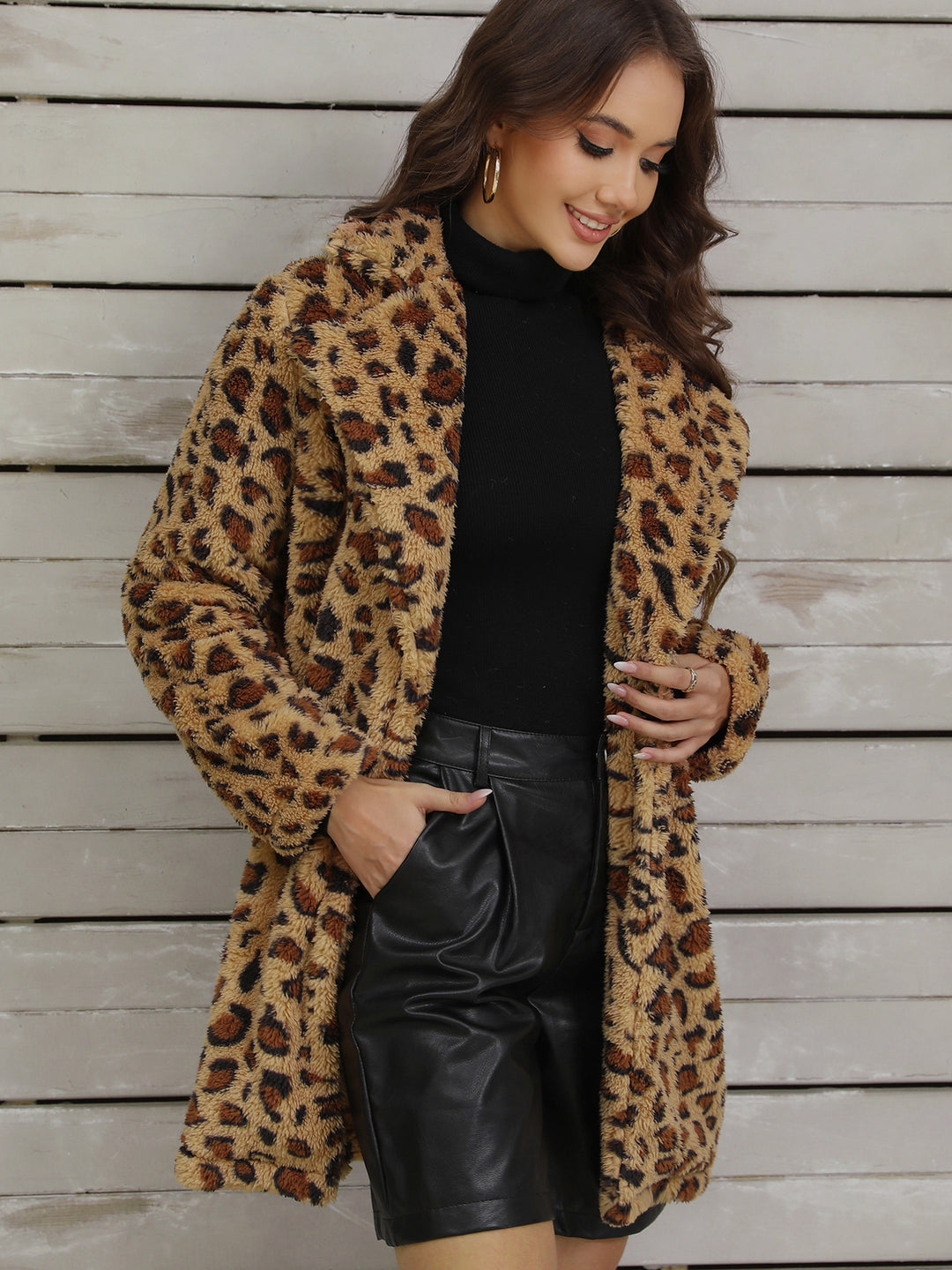 Women's Leopard Patchwork Longline Jacket – Plush Relaxed Fit Coat