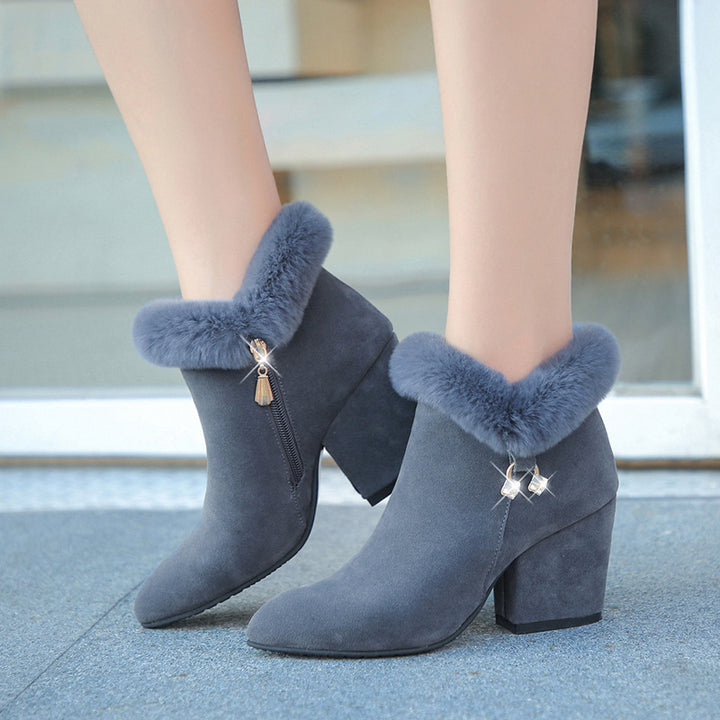 Women's Suede Fringed Boot – Pointed Toe Rhinestone Zip