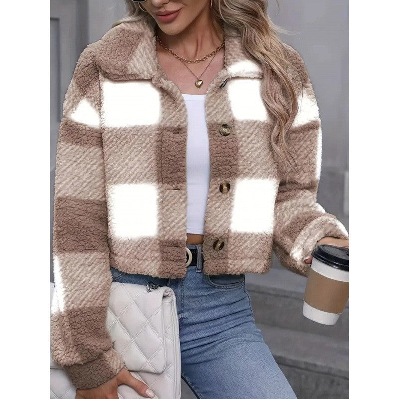 Women's Plaid Plush Cardigan Coat – Button Front, Thick Cozy Layer