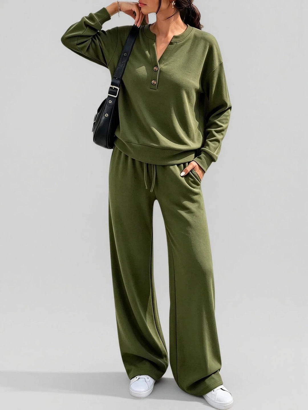 Women's Lounge Set – Soft Stretch Long Sleeve Top & Wide Leg Pants