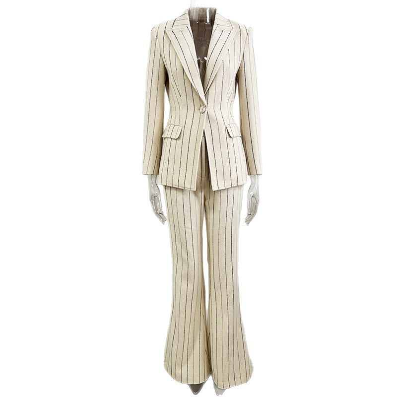 Women's Pinstriped Two Piece Suit – Brushed Cotton-Blend Street Style