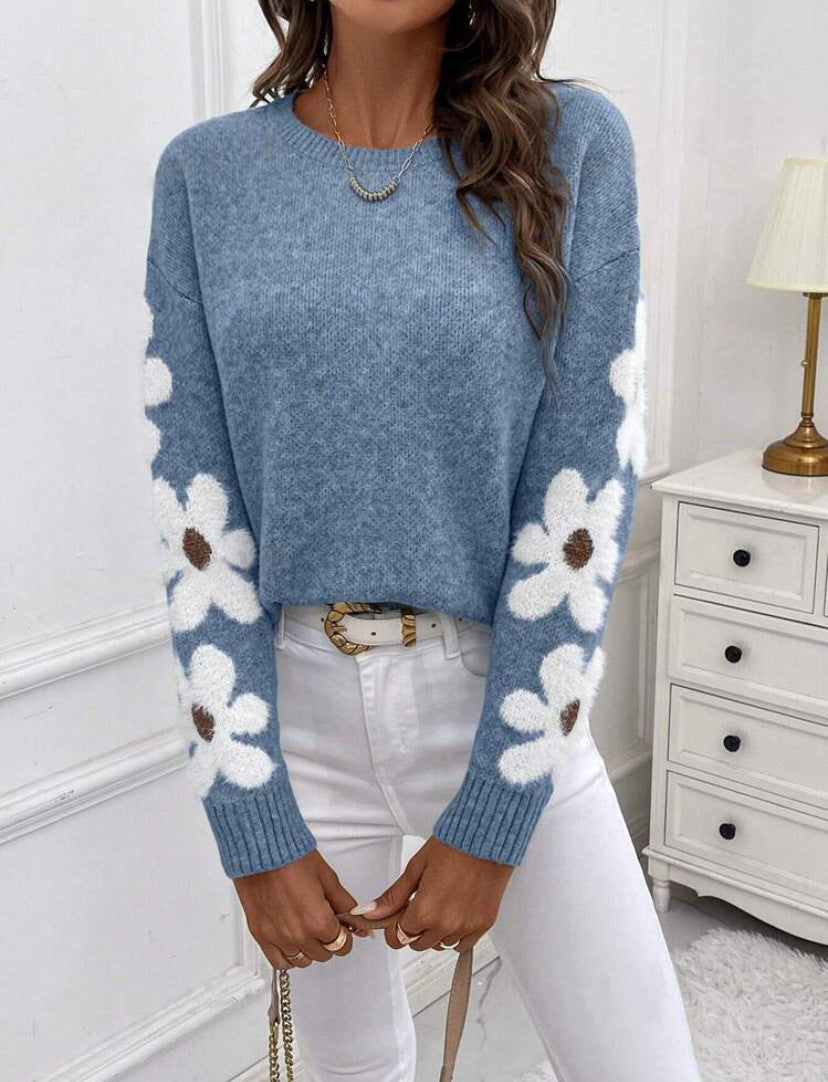 Women's Sweater Jacquard Knit – Crocheted Floral Detail Loose Fit
