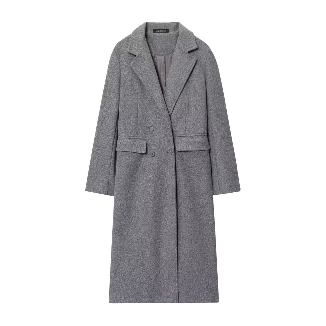 Women's Double-Breasted Long Coat – Tailored Lapel Silhouette