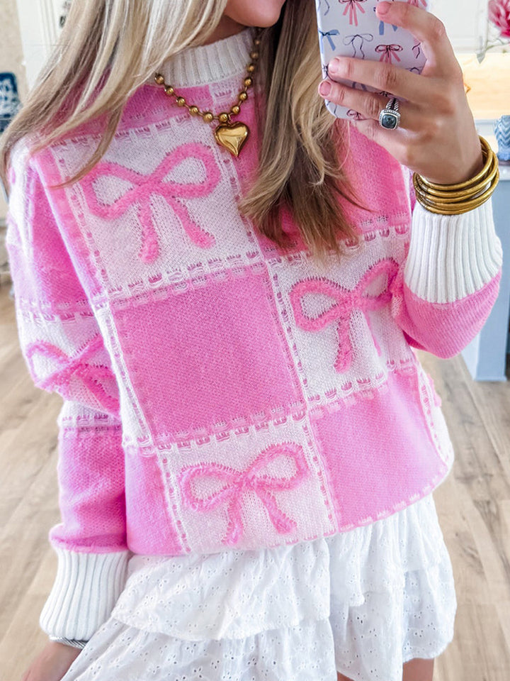 Knit Bow Sweater for Women – Textured Cotton Blend Relaxed Fit